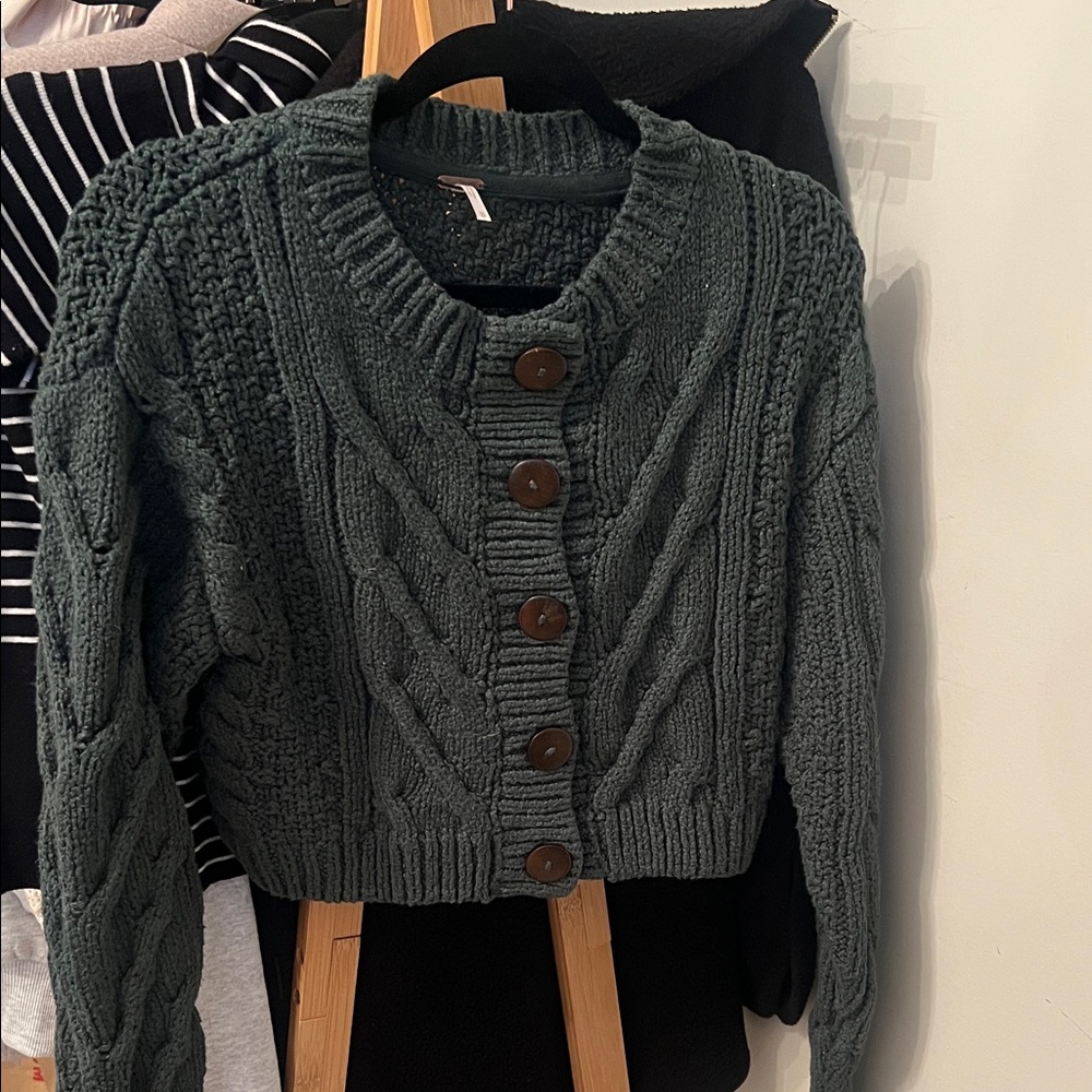 Free People Dark Green Cable Knit Button Front Cardigan
